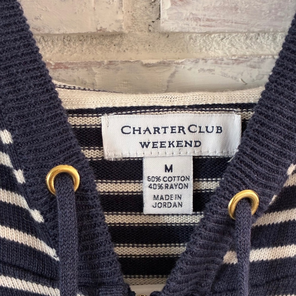 Charter Club Weekend Navy White Striped Full Zip Knit Hoodie Sweater Medium - Picture 2 of 10